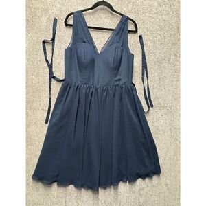 JJSHouse Navy Chiffon Fit Flare Dress V Neck Tie Back Sleeveless Women L